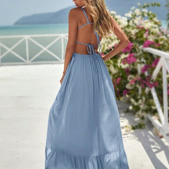 Light Wash Sexy Women's Spaghetti Strap Backless Dress - Picture 2 of 9